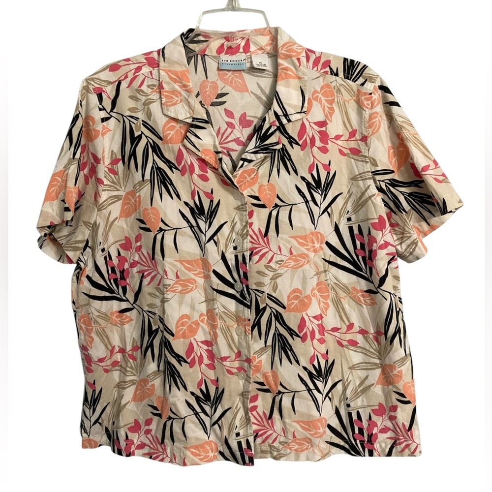 Kim Rogers Essentials Button Up Short Sleeve Shirt/Top peach pink tan Size XL